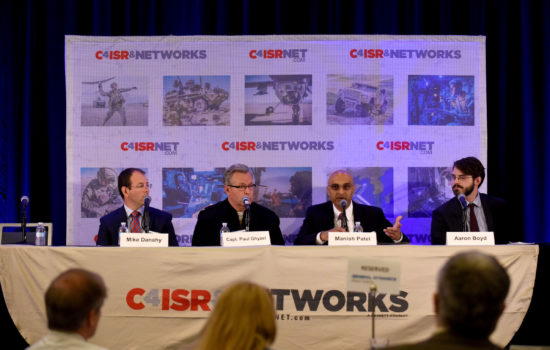 Arlington, VA - 6th Session, Information Technology / Networks: The Secure, Agile Network Panel.
Cpt. Paul Ghyzel(USN), Manish Patel(USA, Civ.) and Mike Danahay(General Dynamics Mission Systems).
15th Annual C4ISR & Networks Conference in Arlington, Va. on May 26, 2016.
(Photo by Reza A. Marvashti for Sightline Media Group)