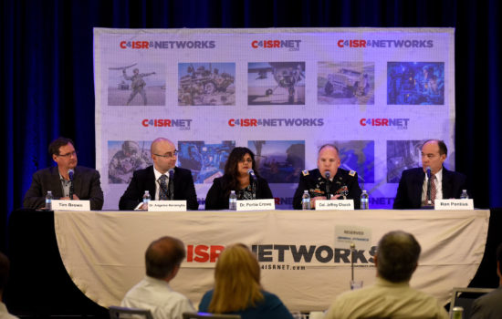 Arlington, VA - 5th Session, Cyber: Cross-Platform, Cross-Battlefield Protection. Col. Jeffrey Church(USA), Dr. Portia Crowe(USA Civ.), Dr. Angelos Keromytis(Defense Advanced Research Projects Agency) and Timothy Brown(Dell). 15th Annual C4ISR & Networks Conference in Arlington, Va. on May 26, 2016.
 (Photo by Reza A. Marvashti for Sightline Media Group)