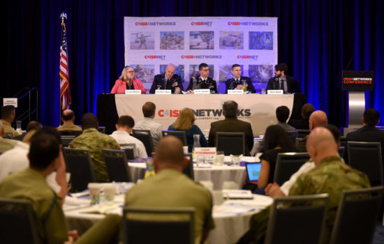 Arlington, VA - 3rd Session, Cyber: The Enterprise Callenge Panel.
Col. Scott Jackson(Chief JIE, DISA), Col. Nevin Tyler (USAF), Doug Wiltsie(USA), Susan Wilson(Northrop Grumman Mission Systems) and Aaron Boyd(Federal Times).
15th Annual C4ISR & Networks Conference in Arlington, Va. on May 26, 2016.
 (Photo by Reza A. Marvashti for Sightline Media Group)